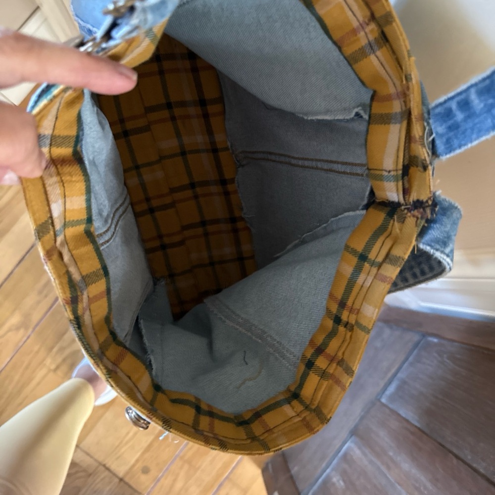 Handmade upcycled denim tote bag with decorative embellishments. - Picture 2 of 4